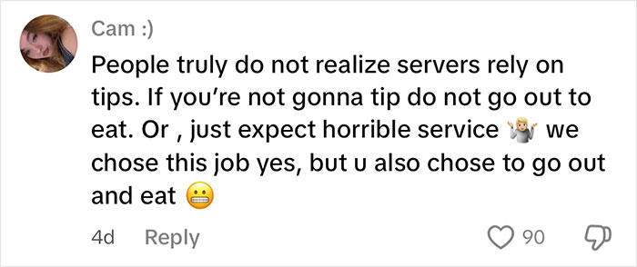 Comment from a waitress upset after reviewing her tips for the day, highlighting the importance of tipping servers.