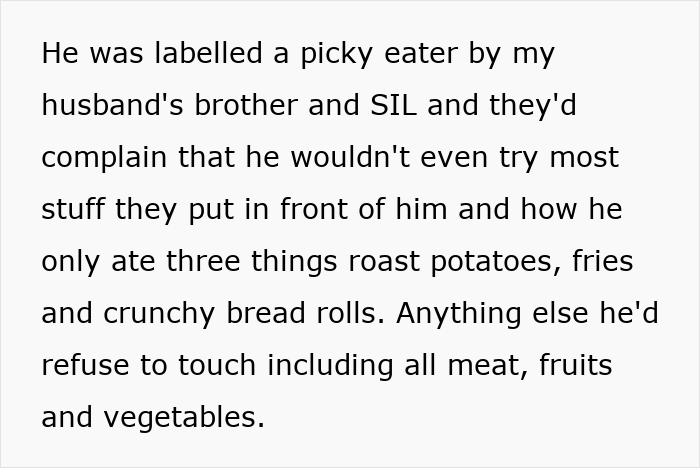 Text about a picky eater refusing to touch meat, fruits, and vegetables while facing complaints from family members.