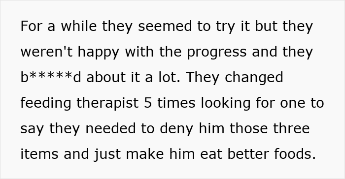 Text excerpt discussing a couple unhappy with therapy progress after reporting parents to CPS for starving their child.