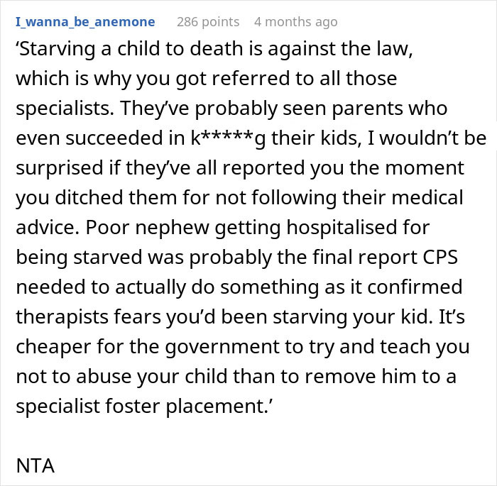 Comment discussing CPS intervention after parents starved their child, highlighting child abuse and protective actions.