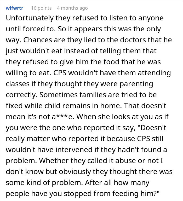 Comment discussing CPS involvement after a couple reports parents for starving their child and related family issues.