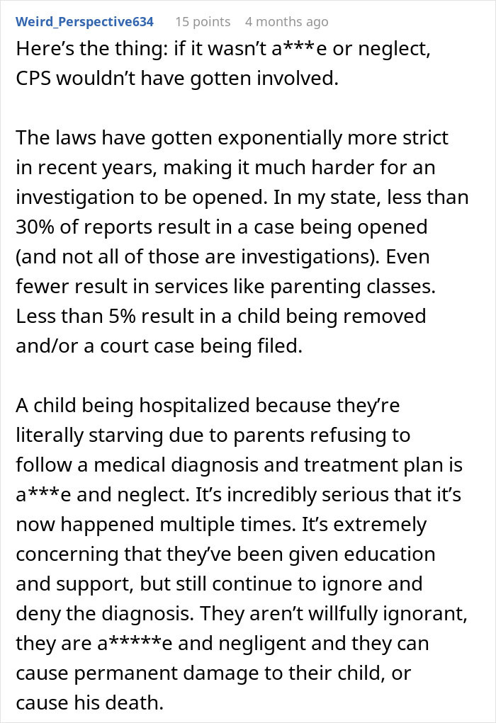 Comment discussing CPS involvement in cases of child neglect and starvation due to parents ignoring medical treatment.