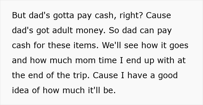 Text showing mom's petty revenge by making family pack for themselves, highlighting consequences during a family trip.