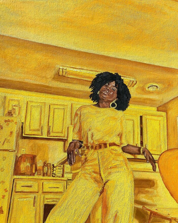 A vibrant painting emphasizing colours and space featuring a woman in yellow attire, reflecting identity through artistic expression.