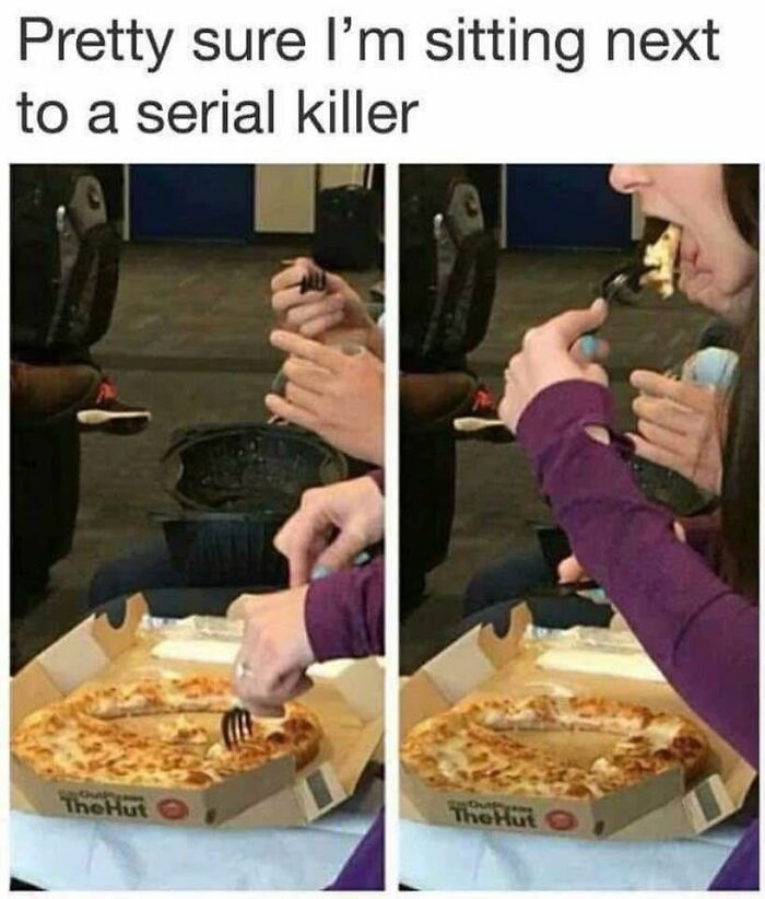 Person eating pizza with a black fork in a humorous relatable meme about working in hospitality and awkward situations