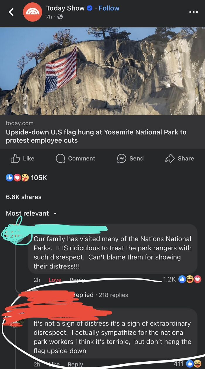 Facebook post showing an upside-down U.S. flag at Yosemite National Park with comments correcting each other.