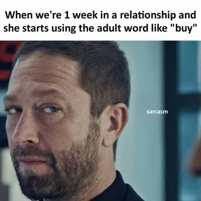 Man giving a skeptical look in a hilarious meme about relationships featured on a Facebook page with funny memes.