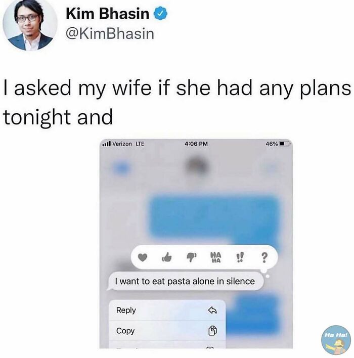 Screenshot of a mocking post showing a funny text message about wanting to eat pasta alone in silence.
