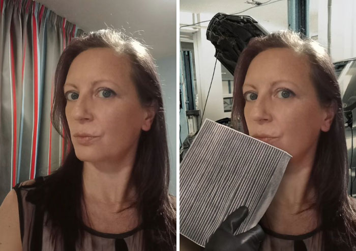 Woman in two photos, one holding a car filter, showcasing hilarious Photoshop edits by an artist taking requests literally
