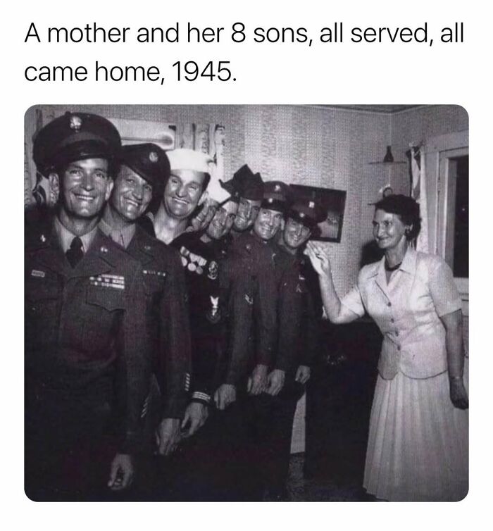 A mother with her eight sons in military uniforms, all safely returned home in 1945, a secret facts moment.