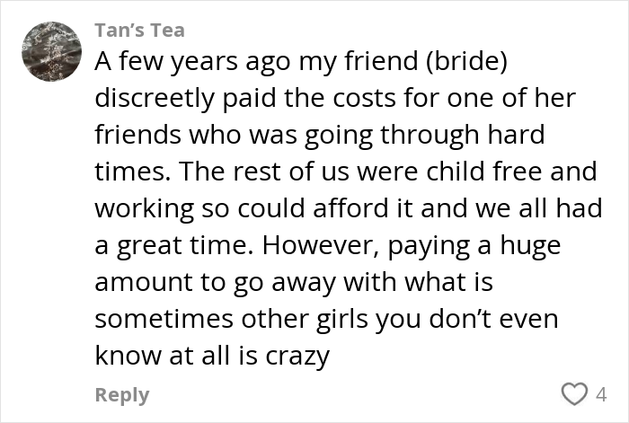 User comment discussing experiences and opinions on paying for hen parties and the costs involved.