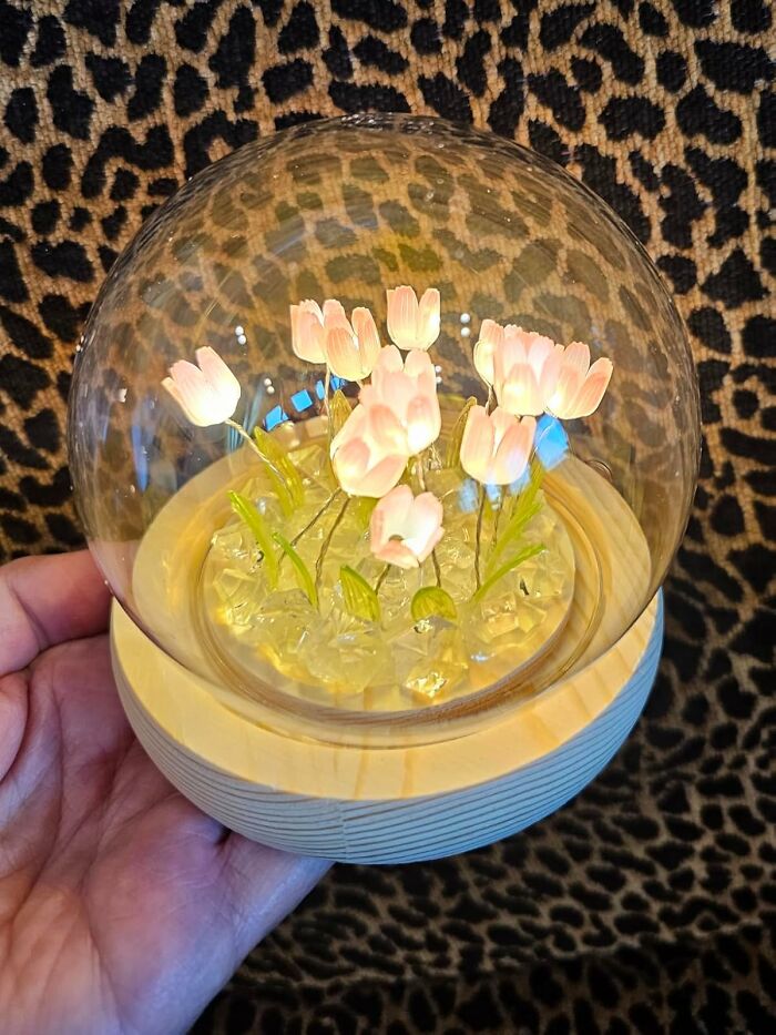 Hand holding a decorative glass globe with pink flowers inside, a top Amazon wishlist favorite gift item.