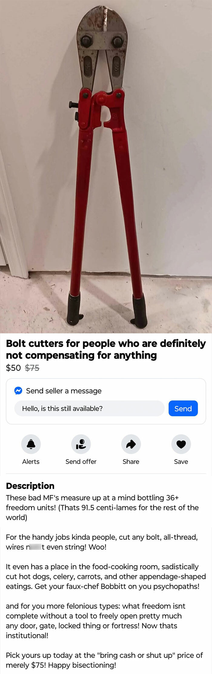 Bolt cutters with red handles listed on Facebook Marketplace among wildest things people found for sale on Facebook Marketplace.