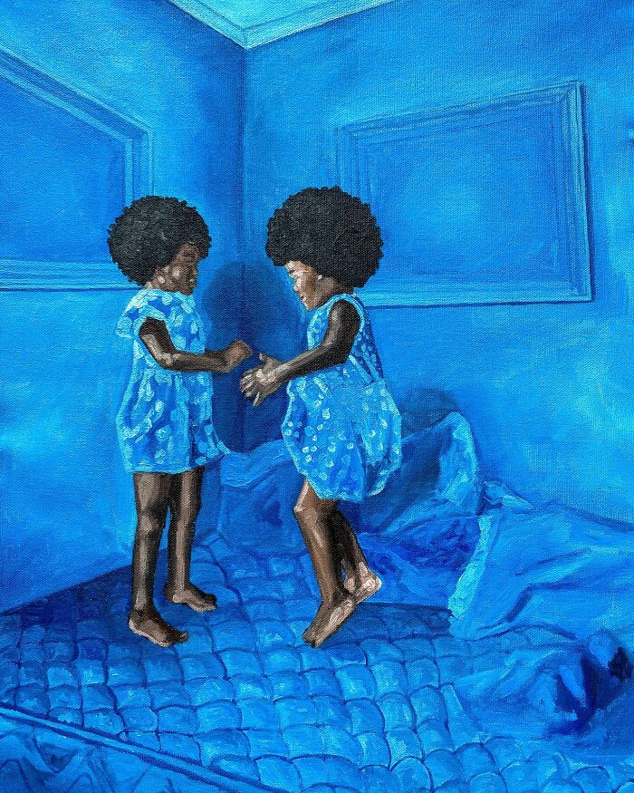 Two young girls with afros in blue dresses playing in a blue room, showcasing colors, space, and identity in art painting.