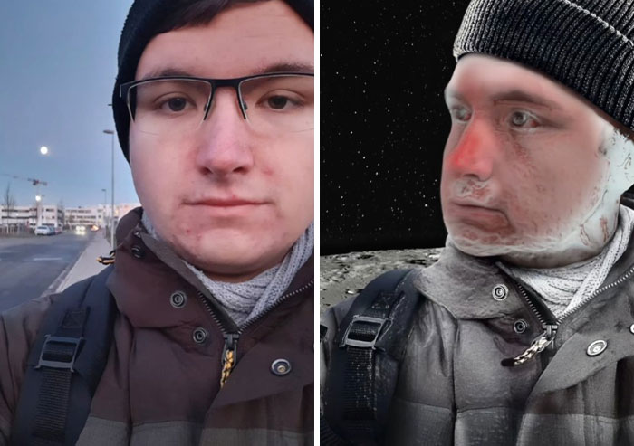 Before and after hilarious Photoshop edits showing a man outdoors transformed into a space scene by an artist.