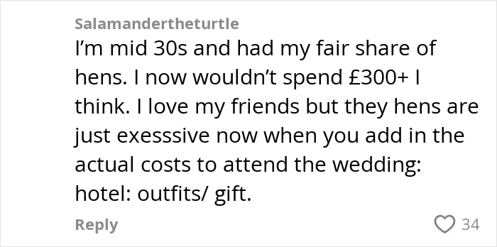 Comment discussing how paying for hen parties has become excessive with added wedding-related costs.