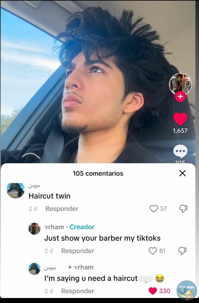 Young man in a car with messy hair, TikTok comments mocking posts jokes memes about needing a haircut and style advice.
