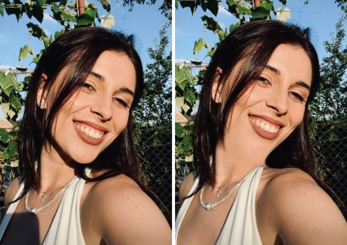 Side-by-side photos of a woman smiling outdoors with a humorous Photoshop edit exaggerating her facial features.