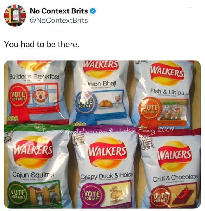 Packets of Walkers crisps with unusual British snack flavors displayed in a humorous social media post about British comedy.