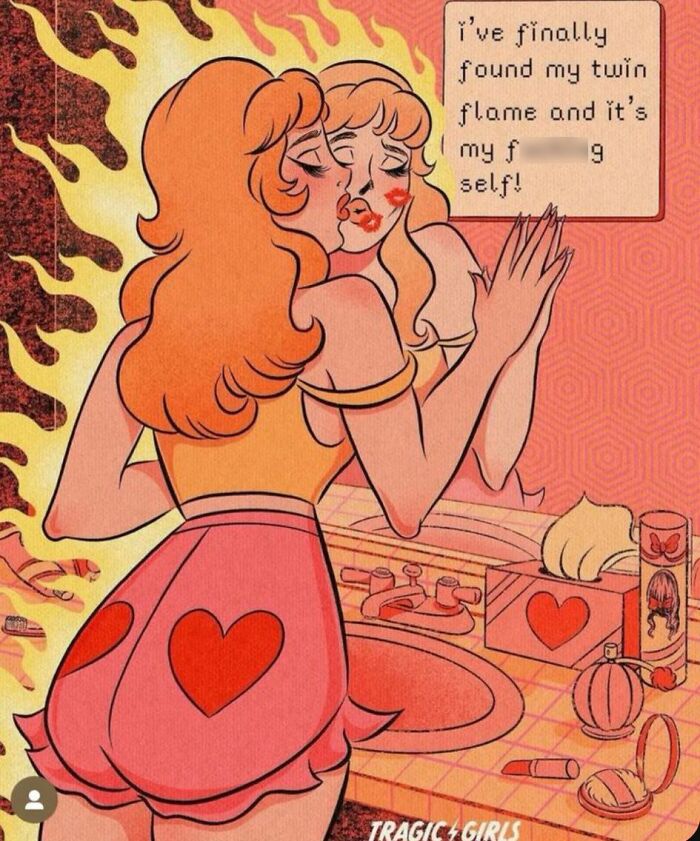 Illustration of a girl kissing her reflection in a mirror, symbolizing cute and wholesome twin flame self-love.