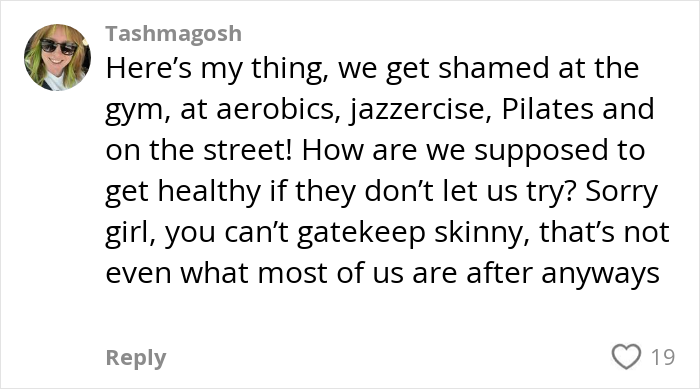 Comment from user Tashmagosh discussing being shamed for doing Pilates and other workouts, addressing Pilates and body inclusivity.