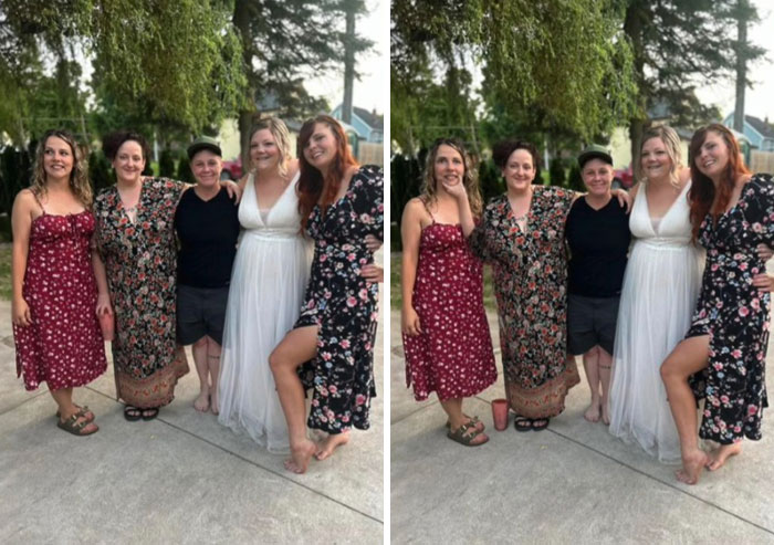 Group photo showing five people edited in a hilarious Photoshop edit by an artist who takes photo requests literally.