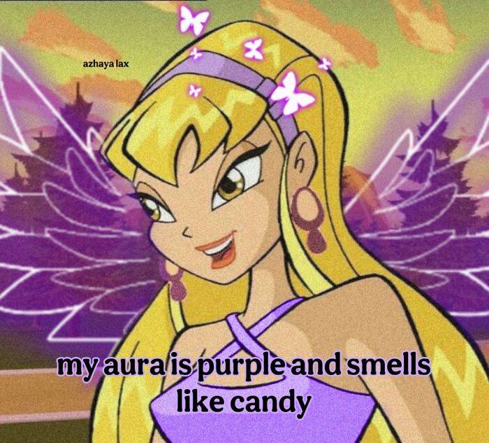 Animated blonde girl with purple aura and butterflies, smiling with caption about purple aura smelling like candy.