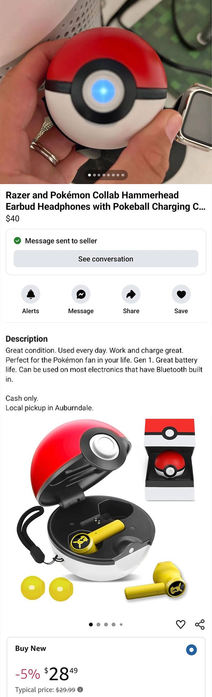 Wireless earbuds with Pokeball charging case, a wild thing found for sale on Facebook Marketplace.