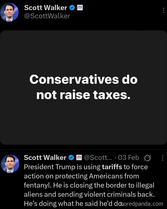 Screenshot of a political hot take claiming conservatives do not raise taxes, shared publicly on social media.