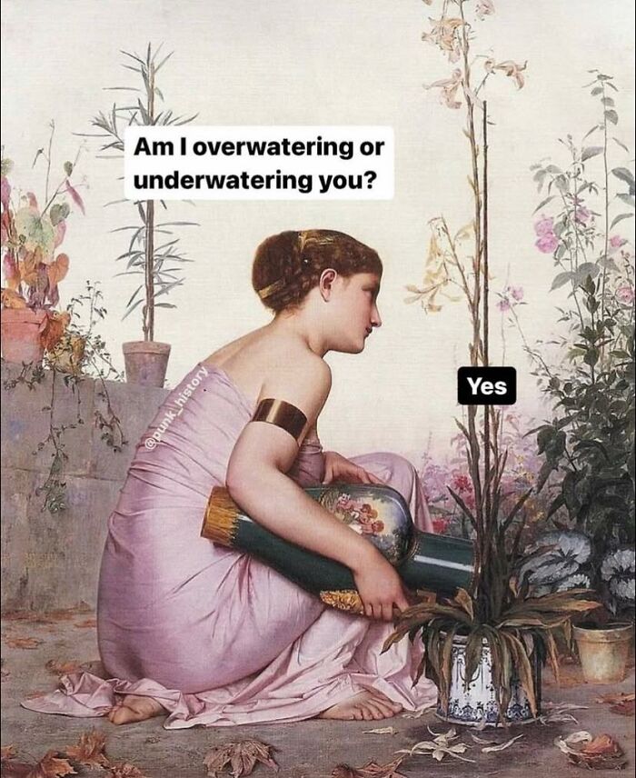 Classical art meme showing a woman questioning if she is overwatering or underwatering a plant with a humorous response.