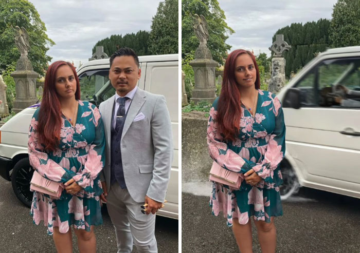 Two images showing a man and woman posing with a van behind, then a van humorously edited to appear crashing behind the woman, illustrating hilarious Photoshop edits.