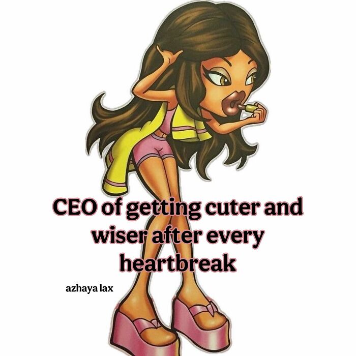 Cartoon girl applying lipstick with caption about getting cuter and wiser after heartbreak in cute and wholesome posts.