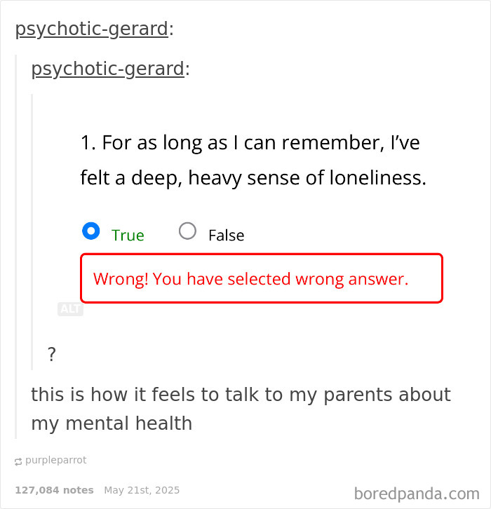 Social media post showing a quiz question about loneliness with a wrong answer message, reflecting chaotic memes about mental health.