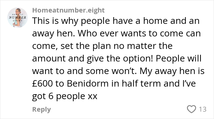 Comment discussing hen parties and the rising costs, highlighting debates about paying for hen parties becoming excessive.
