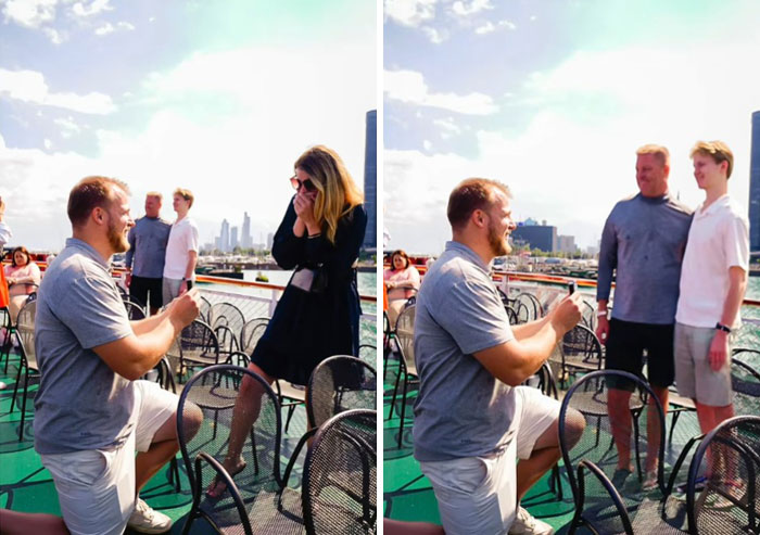Man proposing on a boat with hilarious Photoshop edits showing different reactions in each photo.