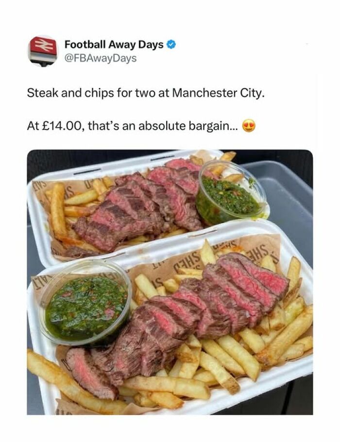 British humour post showing steak and chips meal with sauce, highlighting hilarious and clever comedic style of British people.