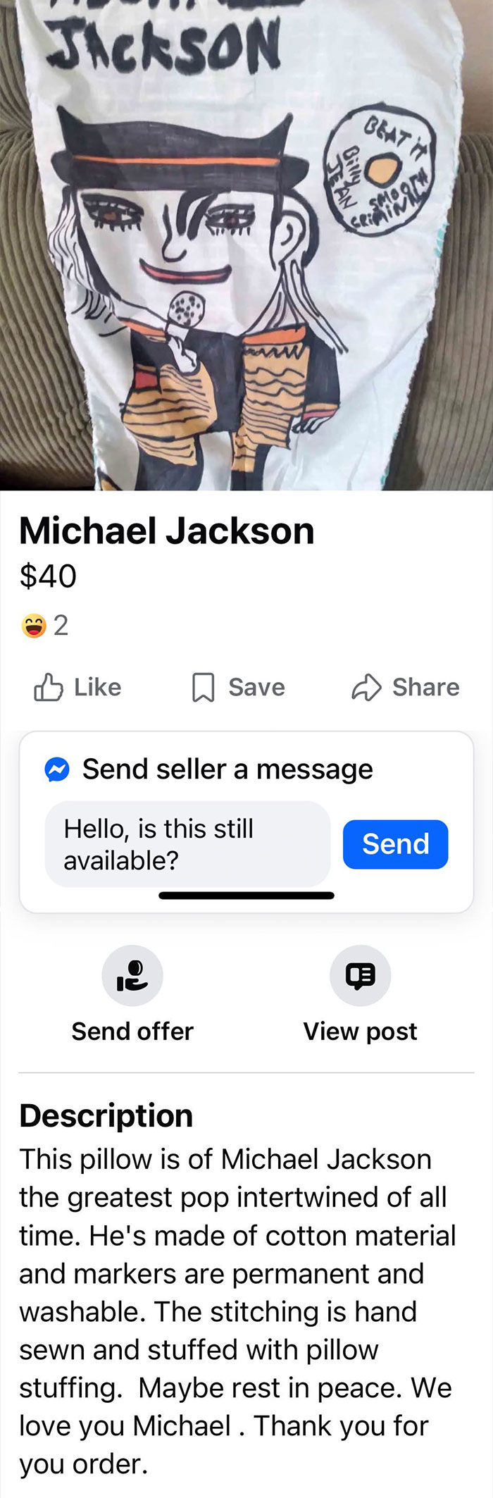 Handmade Michael Jackson pillow for sale on Facebook Marketplace among wildest things found for sale with unique art style.