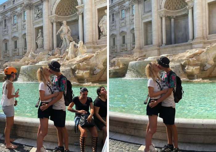Couple kissing by fountain with duplicate image showing a literal funny Photoshop edit in a tourist spot.