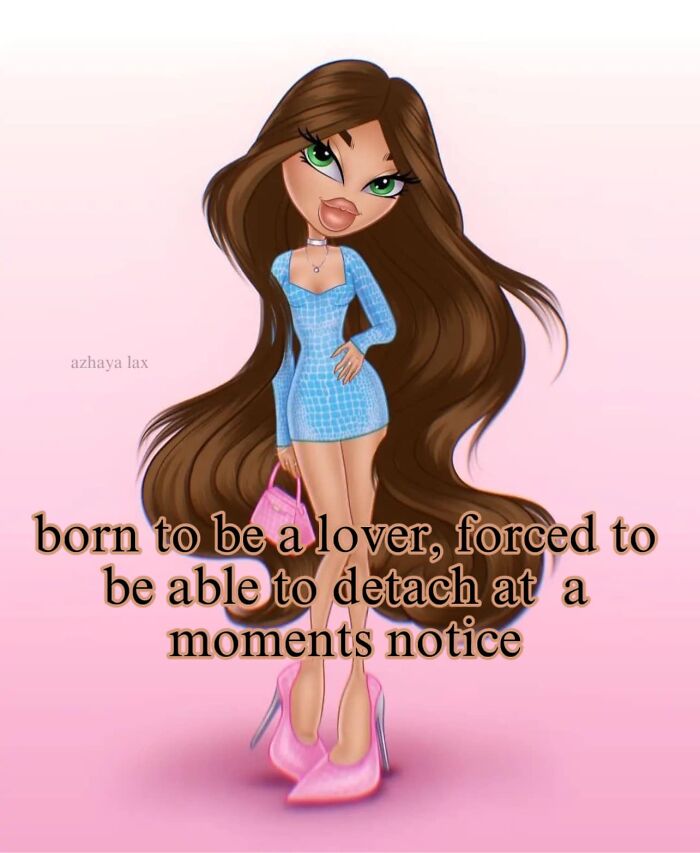 Illustration of a girl in a blue dress and pink heels with long hair, representing cute and wholesome posts by girlies.