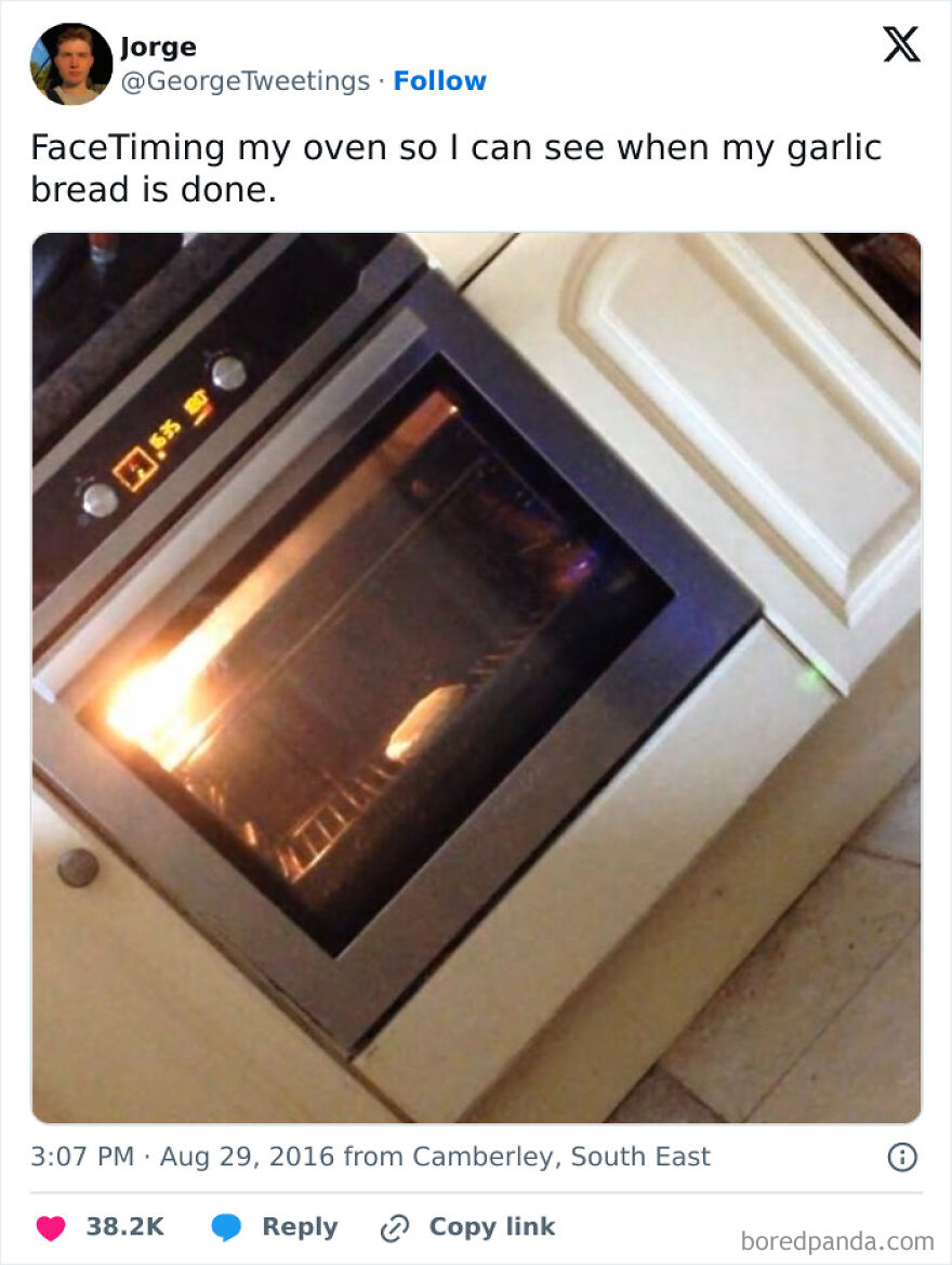 Oven with garlic bread baking inside, illustrating a funny meme about being one inconvenience away from meltdown.