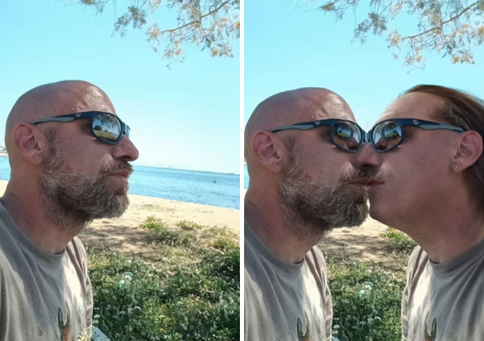 Man wearing sunglasses edited with hilarious Photoshop edits showing a literal photo request by the artist outdoors.