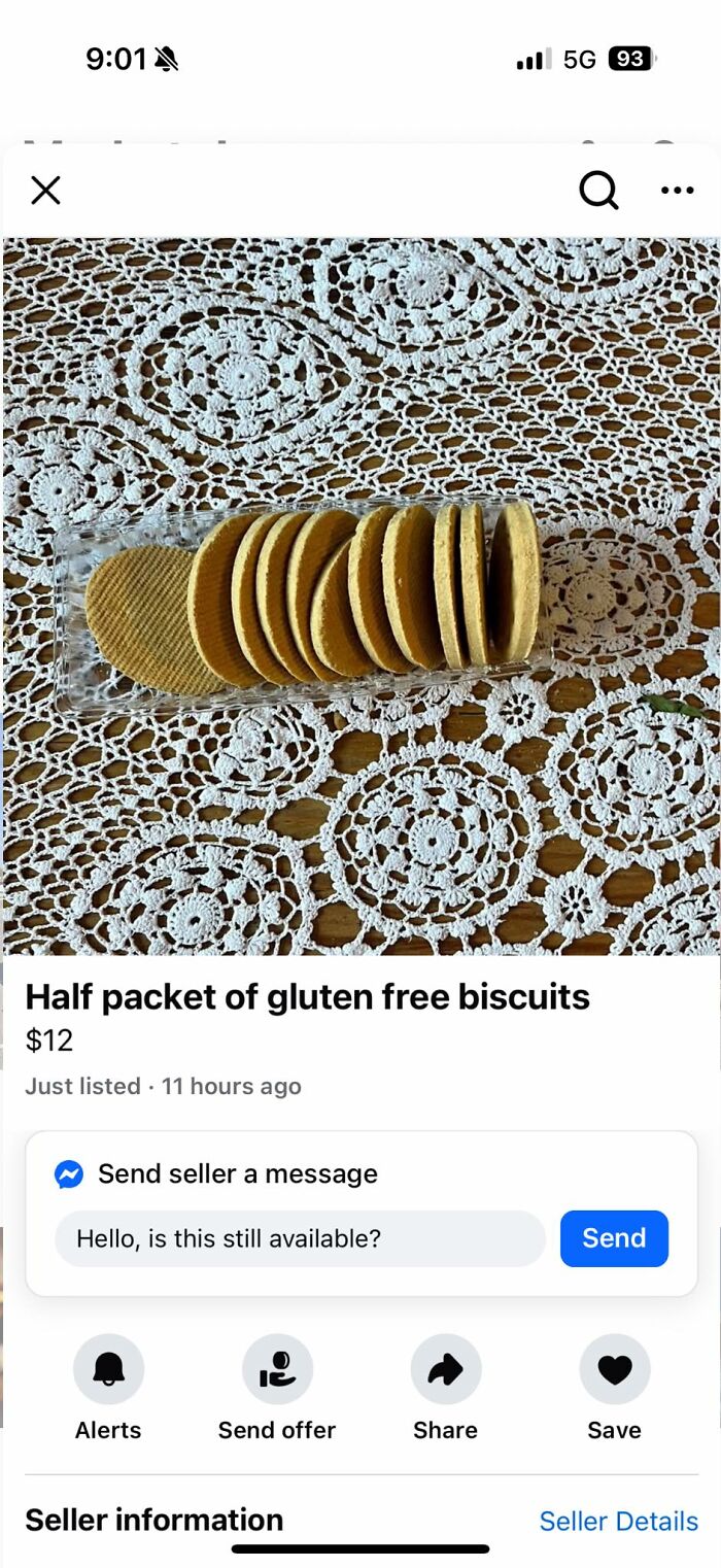 Half packet of gluten free biscuits listed for sale on Facebook Marketplace among wildest things found for sale online.