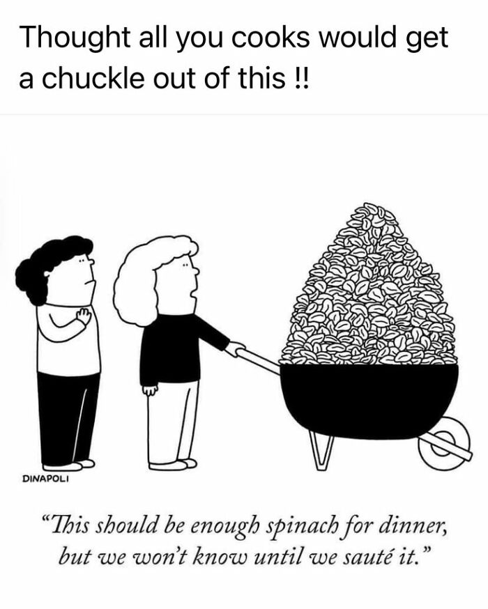 Cartoon showing cooks with a wheelbarrow full of spinach, illustrating relatable hospitality work humor.