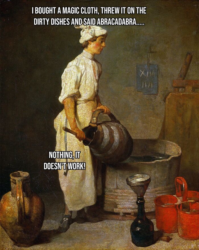 A classical art meme featuring a woman pouring water with a humorous caption about a magic cloth.