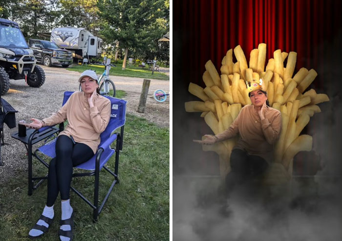 Woman sitting on a chair edited with Photoshop effect to appear seated on a throne made of large French fries in a smoky setting.