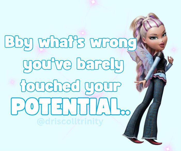 Motivational quote about potential with animated girl character, cute and wholesome post from a dedicated group.