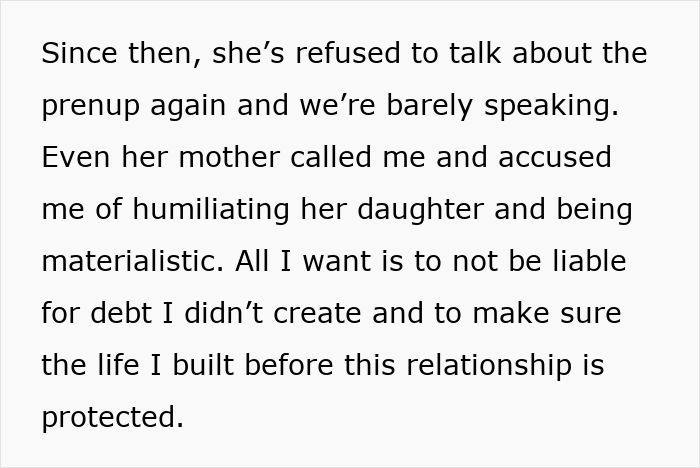 Text excerpt discussing a bride-to-be shutting down a prenup after her secret credit card debt was revealed.