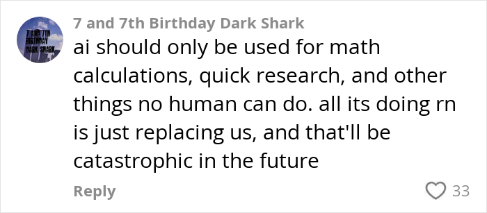 Comment expressing concern about AI replacing humans, discussing AI use beyond math and research tasks.