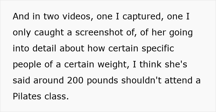 Screenshot of text discussing a woman saying people 200 lbs and over should not do Pilates classes.