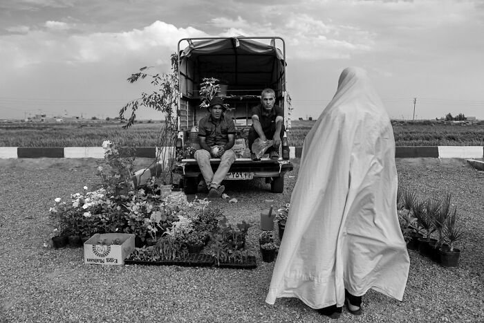 Two men sitting on a truck bed beside plants while a person covered in cloth stands nearby, capturing the essence of humanity.